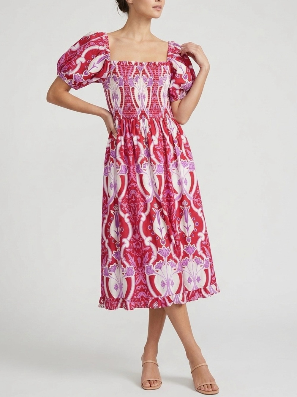 BEYOND By Vera Smocked Puff Sleeve Midi Dress Red Purple Floral Paisley XL